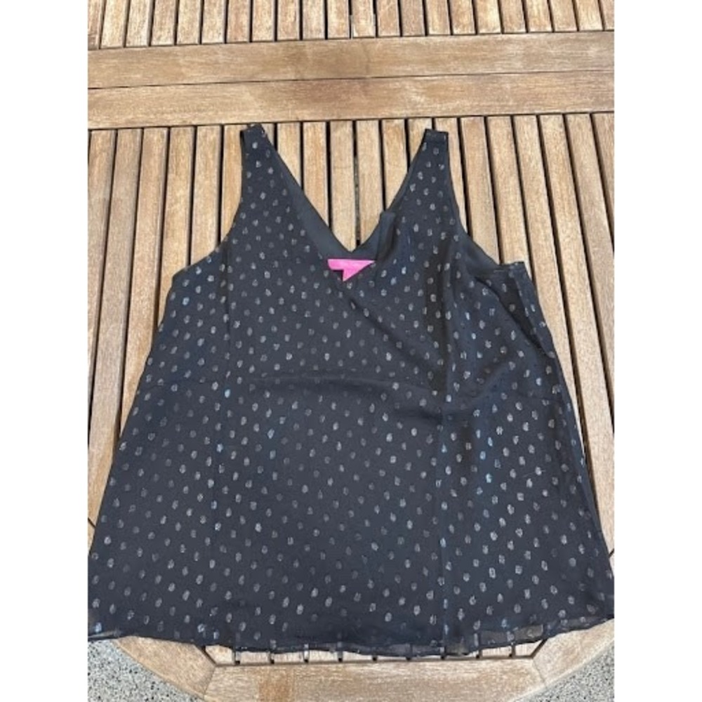 Lilly Pulitzer Black Metallic Dot Chiffon V-Neck Tank Top L